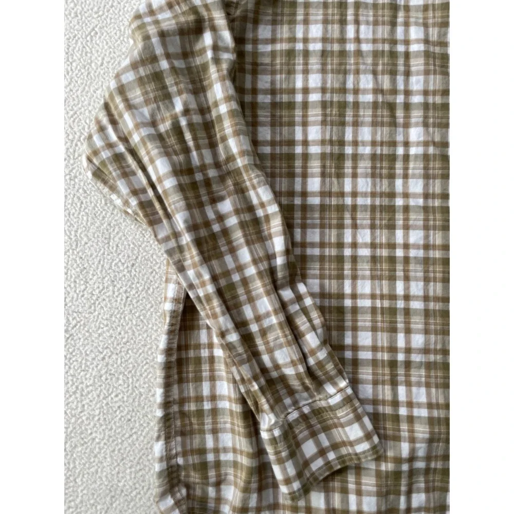 Banana Republic Mens Large Button Down Shirt Tan Plaid Untucked Fit Long Sleeve
